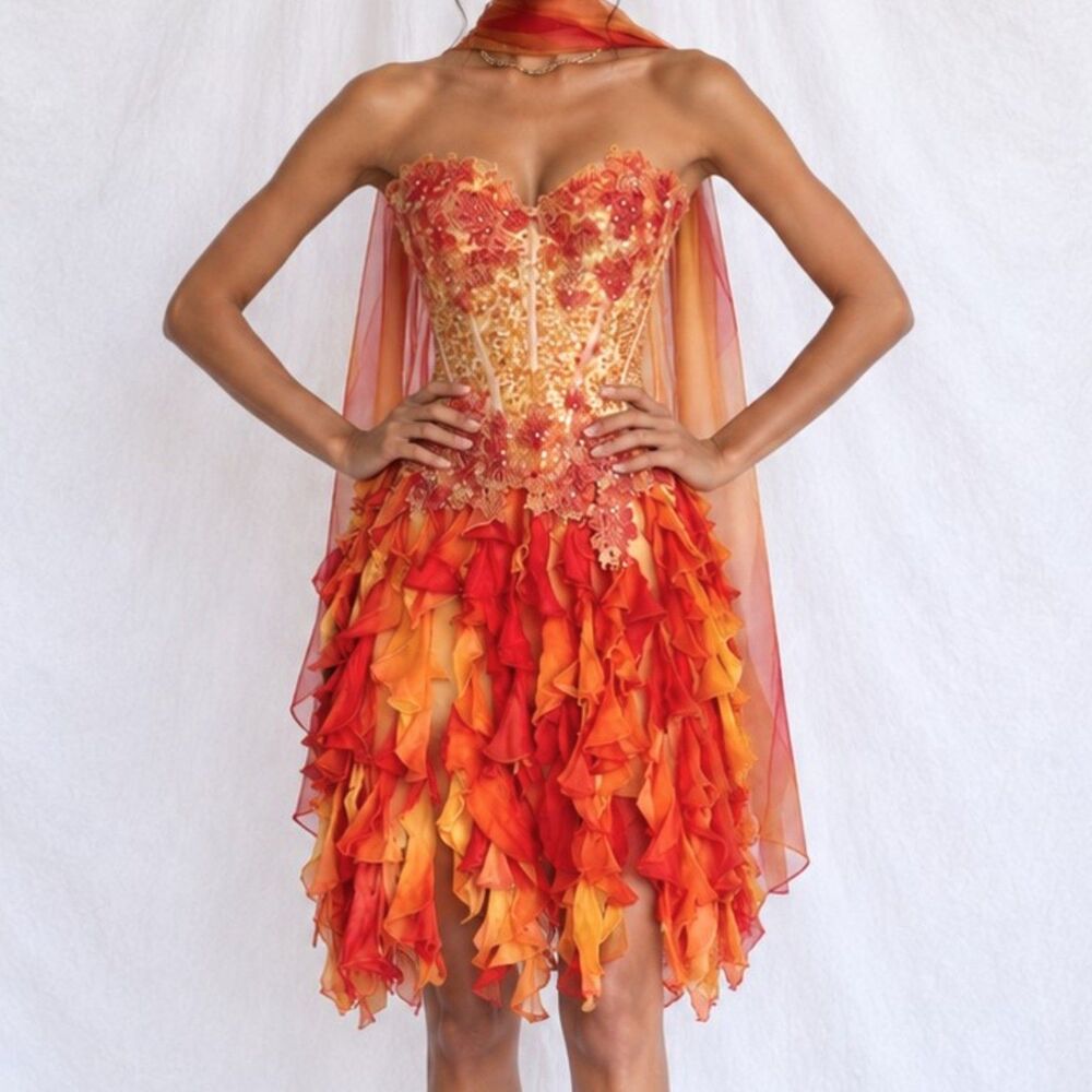 Vintage Y2K Orange Yellow Silk Floral Sequin Beaded Ruffle Prom Dress Size XS/S